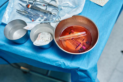 High angle view of glasses on table