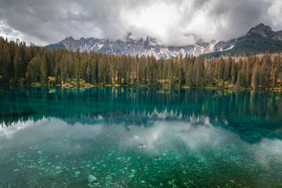 Scenic view of lake by mountains against sky