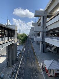 Railroad station platform in city against sky