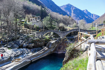 Historic romain bridge, over the verzasca river, in lavertezzo.