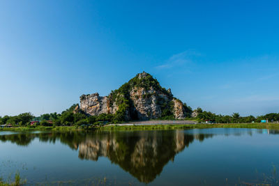 Scenic view of lake against blue sky