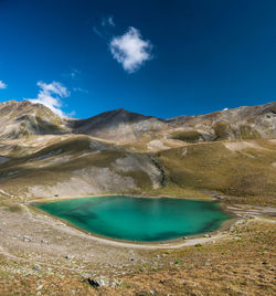 Scenic view of lake against blue sky