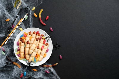 High angle view of fruits served on table