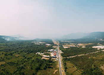 High angle view of buildings against sky