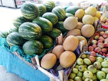 High angle view of fruits for sale at market stall