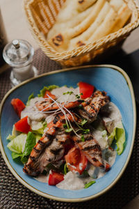 High angle view of food in plate on table