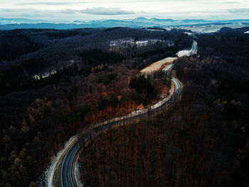 Landscape with winding road through forest, aerial view
