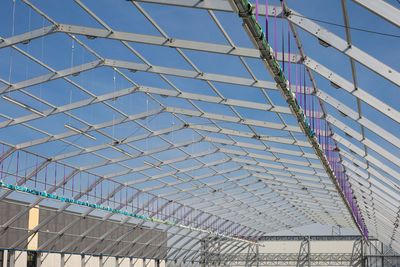 Metallic ceiling structure under construction and blue sky in background.