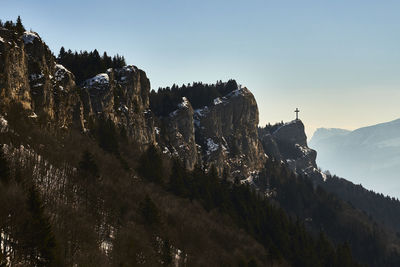 Panoramic view of mountains against clear sky