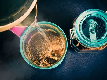 High angle view of coffee on table