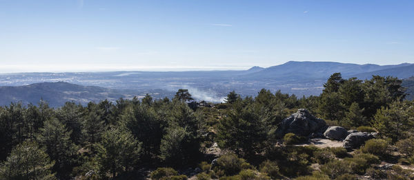 Scenic view of trees and mountains against sky