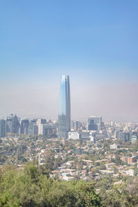 Modern buildings in city against clear sky