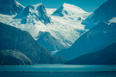 Scenic view of snowcapped mountains during winter