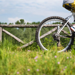 Bicycle wheel on field