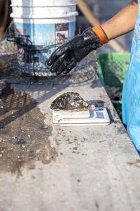 High angle view of man holding water