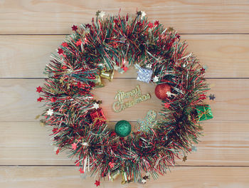 High angle view of christmas decoration on table