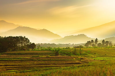 Natural landscape with mountains in the morning and sunshine at sunrise