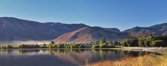 Scenic view of lake and mountains against sky