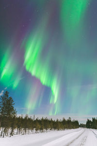 Snow covered landscape against sky at night