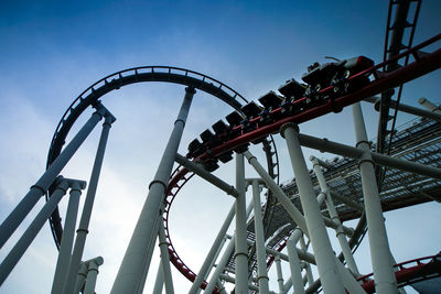 Low angle view of roller coaster against sky