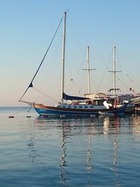 Sailboats moored on sea against clear sky