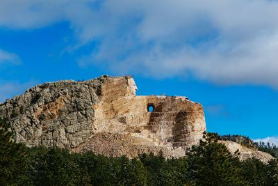 Low angle view of castle on mountain against cloudy sky