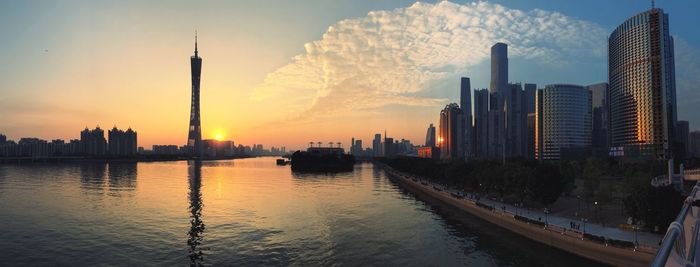 Panoramic view of city at sunset