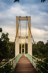 View of suspension bridge against cloudy sky