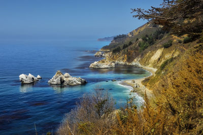 Scenic view of sea against clear blue sky