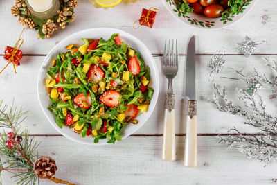 High angle view of vegetables in bowl on table