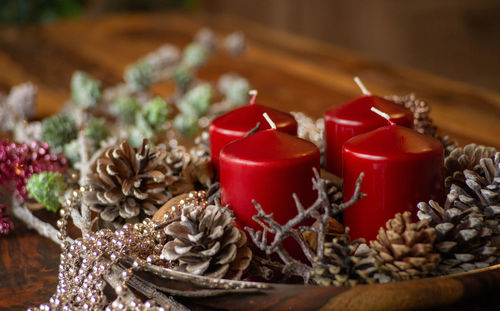 Close-up of christmas decorations on table