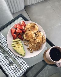 High angle view of breakfast served on table