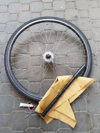 High angle view of bicycle wheel 