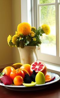 Close-up of fruits in plate on table