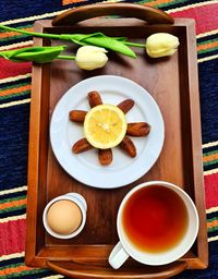 High angle view of breakfast on table