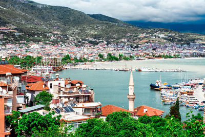 High angle view of alanya city at waterfront