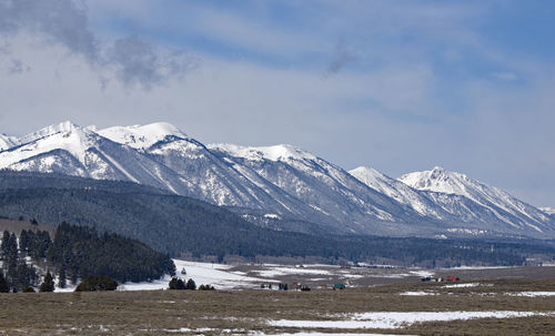 Scenic view of snowcapped mountains against sky