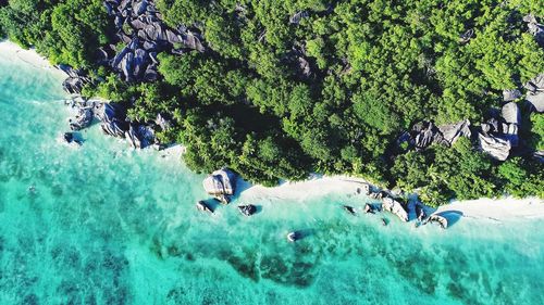 Aerial view on anse source d'argent on ls digue island in seychelles