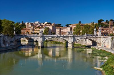 Bridge over river with buildings in background