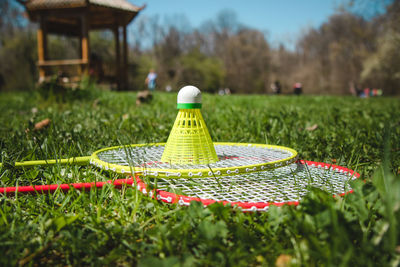 Close-up of hat on field in park