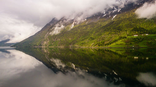 Scenic view of lake by mountains against sky