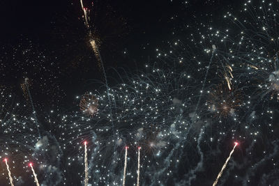 Low angle view of fireworks against sky at night