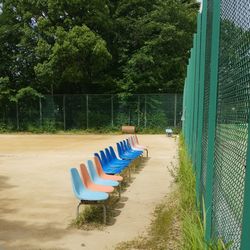 Empty deck chairs by trees in park