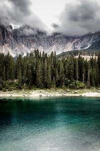 Scenic view of lake by mountains against sky