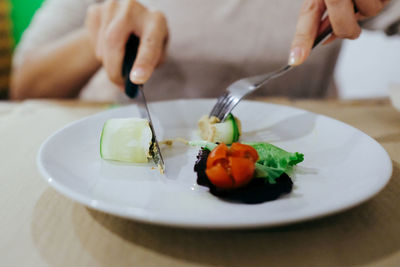 Close-up of man preparing food in plate