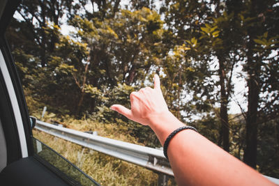 Cropped image of hand gesturing out of car window