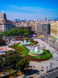 High angle view of buildings and street in city