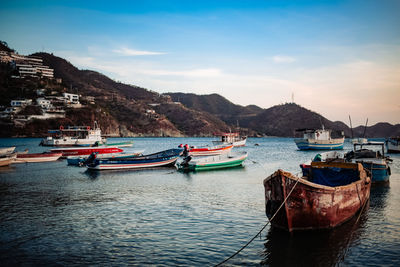 Boats moored in sea against sky