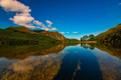 Scenic view of lake by mountains against blue sky