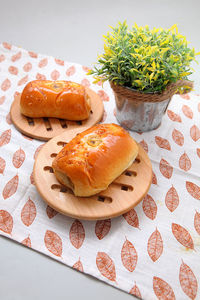 High angle view of breakfast on table